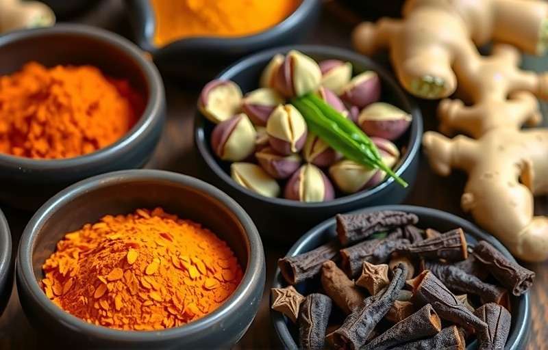 Collection of various Indian spices like turmeric, cardamom, cloves, and ginger displayed in traditional bowls