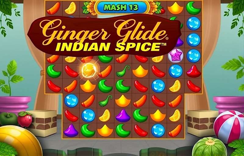 Ginger Glide Indian Spice gameplay showing match-3 puzzle with colorful spice icons and power-ups