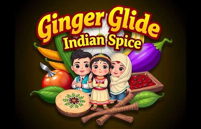Ginger Glide Indian Spice game cover showing various Indian spices and animated characters in traditional attire